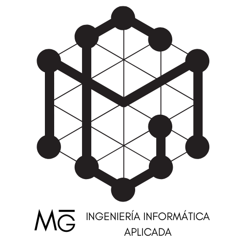 Logotipo de MG IAA: un símbolo de circuito tecnológico en color plata.